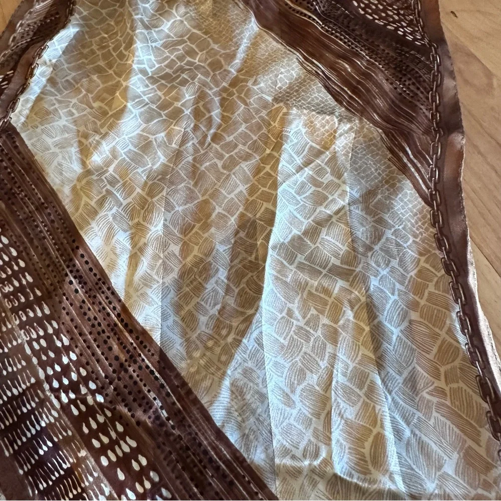 Adrienne Vittadini Silk Vintage Elegant Abstract Patchwork Brown Scarf